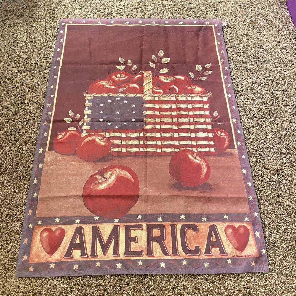 Vintage 1997 Patriotic House Flag Deb Strain Americana Apples Basket 26x38